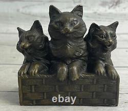 100% Solid Real Bronze Sculpture Cat Family Art Deco Statue Figurine Figure