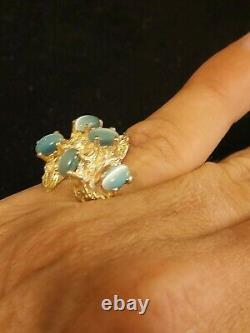 14k solid Gold Big 7.6g oval Blue Cats Eye Vintage brutalist retro Nugget Ring