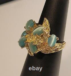 14k solid Gold Big 7.6g oval Blue Cats Eye Vintage brutalist retro Nugget Ring