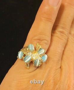 14k solid Gold Big 7.6g oval Blue Cats Eye Vintage brutalist retro Nugget Ring