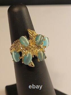 14k solid Gold Big 7.6g oval Blue Cats Eye Vintage brutalist retro Nugget Ring