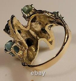 14k solid Gold Big 7.6g oval Blue Cats Eye Vintage brutalist retro Nugget Ring