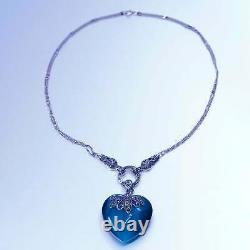 15 art deco Sterling 925 silver necklace blue cat eye heart pendant Marcasite