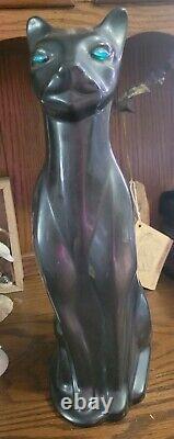 16 VTG Black Ceramic Cat MCM Art Deco Siamese Large 60's With Green Eyes