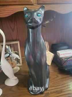 16 VTG Black Ceramic Cat MCM Art Deco Siamese Large 60's With Green Eyes