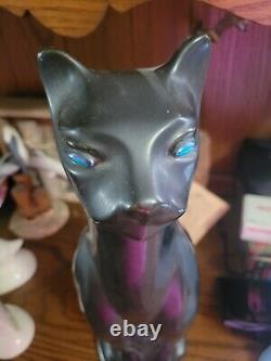 16 VTG Black Ceramic Cat MCM Art Deco Siamese Large 60's With Green Eyes