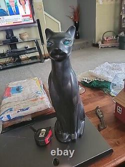 16 VTG Black Ceramic Cat MCM Art Deco Siamese Large 60's With Green Eyes