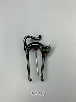 1930s Art Deco Bohemian Czech Lampwork Black Cat Green Eyes Halloween Pin Brooch