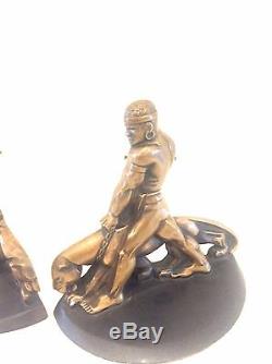 1930s Art Deco Nubian And Big Cat Bronze Bookends Vintage Retro