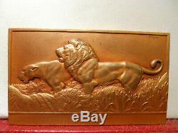 1936 RARE ART DECO CATS MEDAL PLAQUE by THENOT BRONZE LIONS