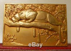 1936 RARE FRENCH ART DECO CATS MEDAL PLAQUE by THENOT THE LEOPARD WILD ANIMALS