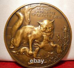 1940 French BRONZE ART DECO MEDAL CATS FAMOUS la fontaine FABLE 59MM