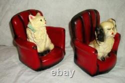 1940s BOOKENDS CHALKWARE PLASTER RED CHAIR DOG CAT CARNIVAL PRIZE ROBIA WARE ART