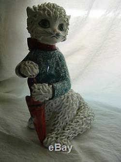 1950 Vintage Hand Made Collectible Italian Pottery Cat With Umbrella&mouse, Rare