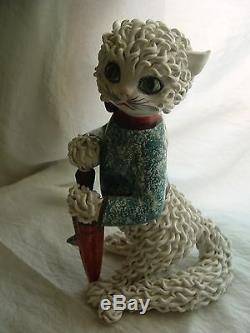 1950 Vintage Hand Made Collectible Italian Pottery Cat With Umbrella&mouse, Rare