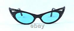 1950's Cat Eye Sunglasses Vintage France Black Artistic Rare Mint Blue Lenses