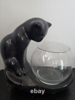 1996 Haeger Ceramic Black Cat Looking In Clear Fish Bowl Great Condition