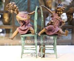 22 CM Western Art Deco Pure Bronze Two Children Boy Girl Play with Cat Sculpture