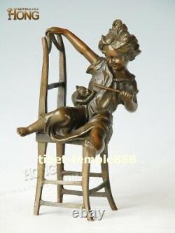 22 cm Western Art deco pure Bronze Children girl lassock Tease pet cat Sculpture