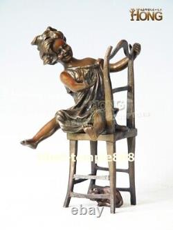22 cm Western Art deco pure Bronze Children girl lassock Tease pet cat Sculpture