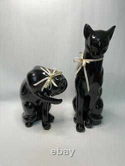 2 LARGE vintage black Panther Cat statue figurines MCM Art Deco RARE