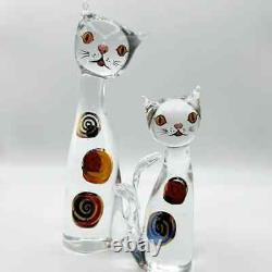 2 Murano Vintage Hand Blown Painted Art Glass Deco Two Cat Sculptured Figurines