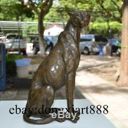 30 CM Western Art Deco Pure Bronze Leopard Cat Panther Lion Animal Sit Sculpture
