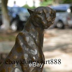 30 CM Western Art Deco Pure Bronze Leopard Cat Panther Lion Animal Sit Sculpture