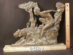 30's Art Deco Bronze Sculpture African Nude Boy France Onyx Lion Cat Figure