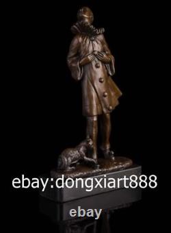 33 CM Western Art Deco Bronze Marble European Man Boy Men Poet And Cat Sculpture