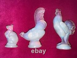 3 Sabino France Art Glass Opalescent Rooster Hen & Cat Figurine Original Label