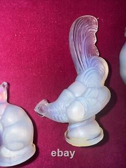3 Sabino France Art Glass Opalescent Rooster Hen & Cat Figurine Original Label