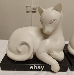 3 VTG Hallmark Ivory CATS, Marble Base Book Ends & A Sitting CAT MCM Art Deco