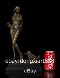 40 CM Western Art Deco Bronze Young Women Girl Fair maiden And Cat Art Sculpture
