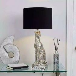 55cm Leon Leopard Panther Cat Silver Effect and Velvet Shade Table Bedside Lamp
