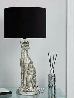 55cm Leon Leopard Panther Cat Silver Effect and Velvet Shade Table Bedside Lamp