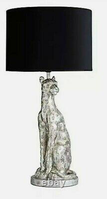 55cm Leon Leopard Panther Cat Silver Effect and Velvet Shade Table Bedside Lamp