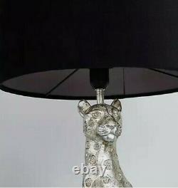 55cm Leon Leopard Panther Cat Silver Effect and Velvet Shade Table Bedside Lamp