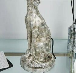 55cm Leon Leopard Panther Cat Silver Effect and Velvet Shade Table Bedside Lamp