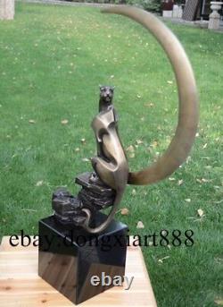 87 CM Western Bronze Moon Leopard Cat Panther Animal Art Deco Abstract Sculpture