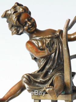 8.8 Art Deco Sculpture Lovely Girl Who Plays Cat On Chair Animal Bronze Statue