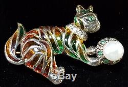 9 carat gold plique a jour diamond & emerald vintage Art Deco antique cat brooch