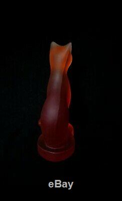 ART DECO Glass CAT Statue Czech Frosted Crystal Bohemian Hand Cut Orange