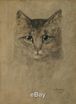 A Kabos signed watercolour Portrait of a Black Cat 1947 Vintage