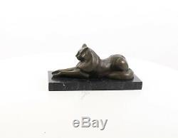 A Modernist Bronze Sculpture Of A Reclining Cat Genuine Hot Cast Pure Bronze