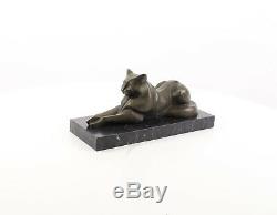 A Modernist Bronze Sculpture Of A Reclining Cat Genuine Hot Cast Pure Bronze