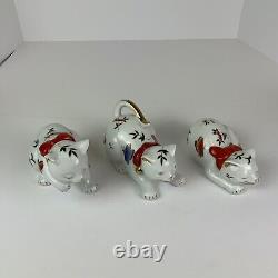 Action Porcelain Cat Figurines Hand Painted Colorful Butterflies/Bow Lot 3 Japan