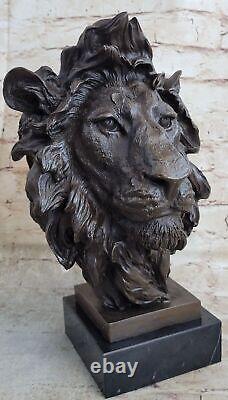 African Male Lion Head Cat Bronze Sculpture Bust Signed Art Deco Marble Artwork