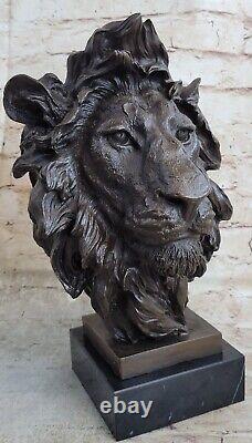 African Male Lion Head Cat Bronze Sculpture Bust Signed Art Deco Marble Figurine