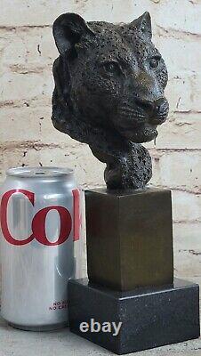 African Male Lion Head Cat Bronze Sculpture Bust Signed Art Deco Marble Figurine